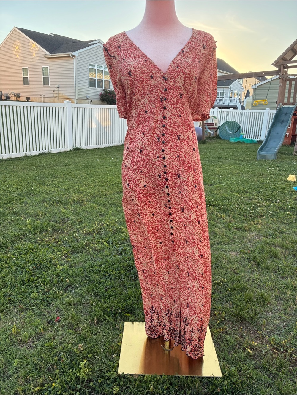 Zara Coral Red Floral Button-Front V-Neck Maxi Dress Womens Medium